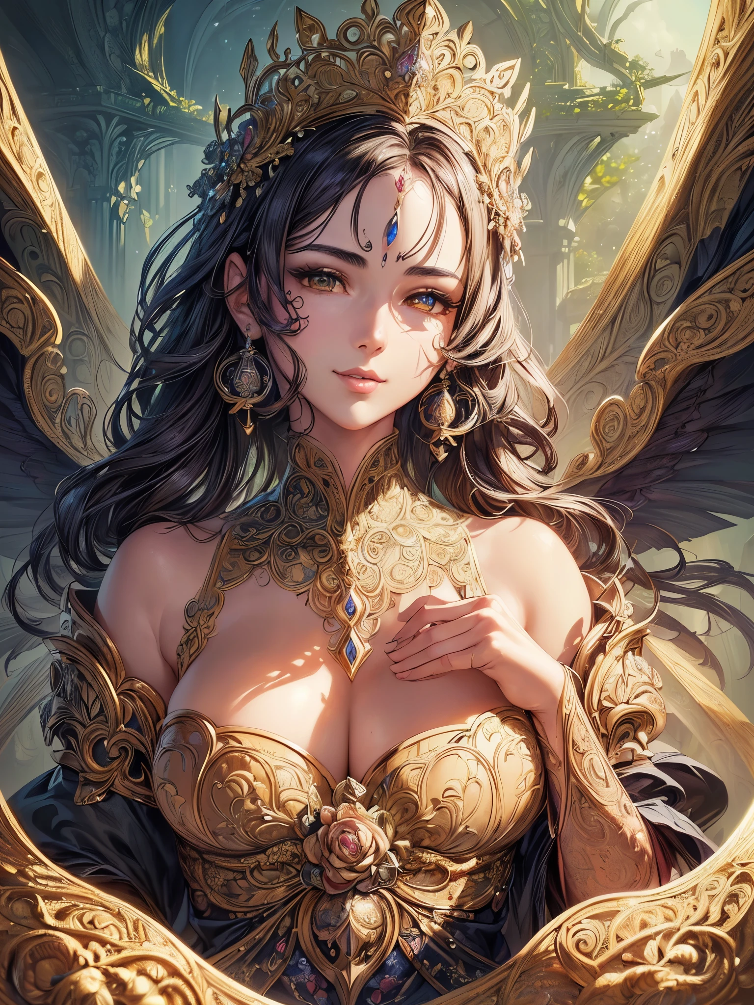 ((highest quality)),(Ultra-high resolution),(Very detailed),(Detailed Description),((The best CG)),(A masterpiece),Ultra-precise art,amazing drawing art,(Fantasy art with intricate detail:1.5), (woman:1.7),(Beautiful and well-proportioned face:1.6),Smile 1.6, Seven-colored flowers