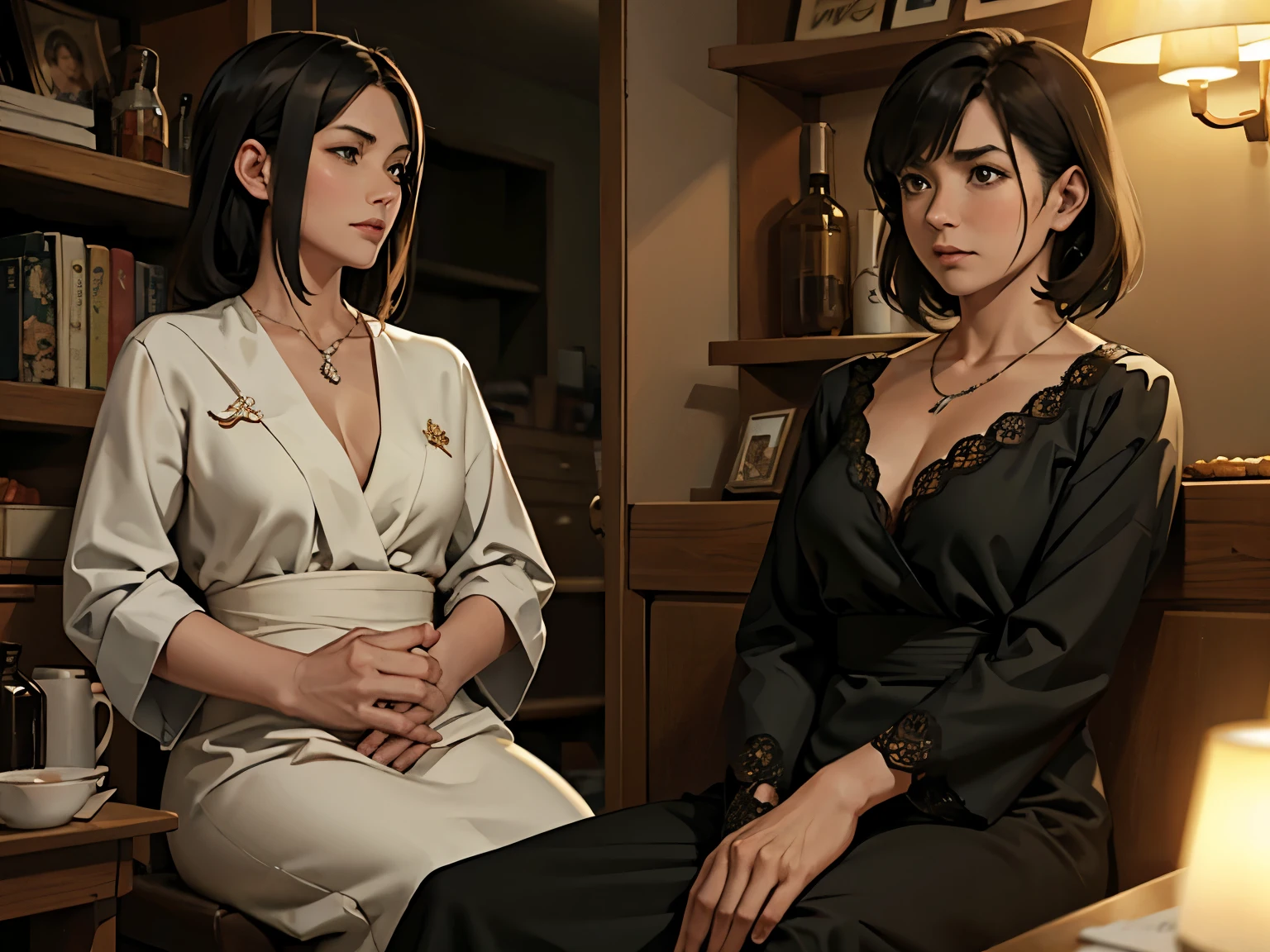 hay dos mujeres estilo anime hablando serias y preocupadas sobre algo