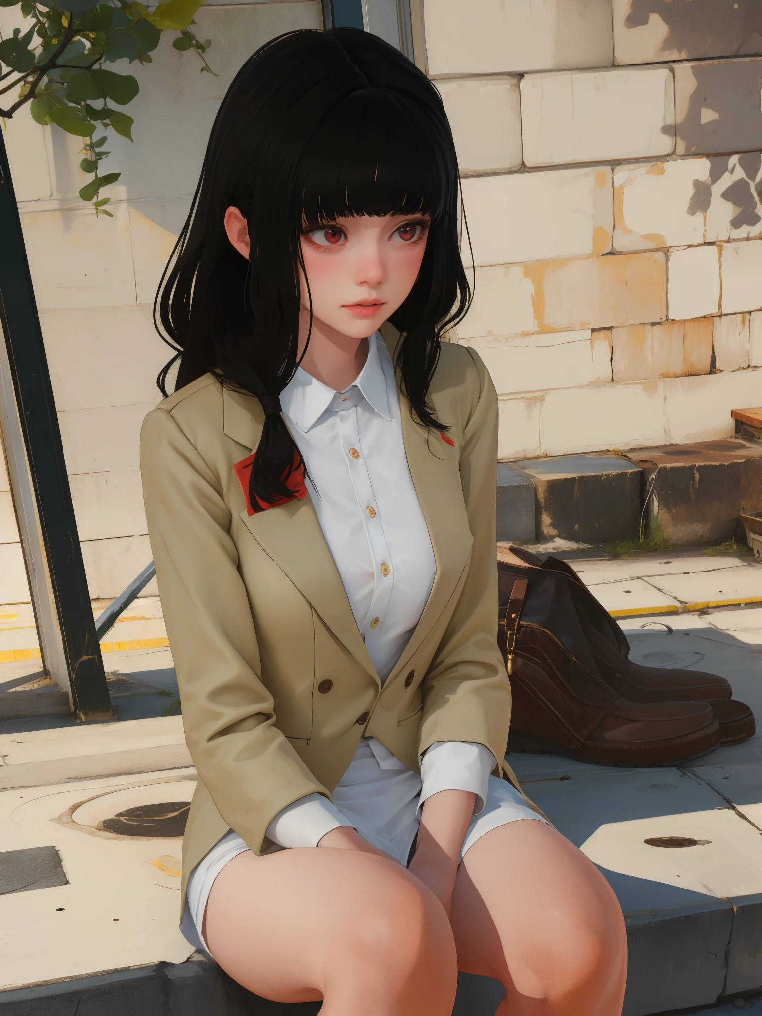 masterpiece, highly detailed, best quality, 1girl, solo, Luna, black hair, red eyes, blunt bangs, uniform.