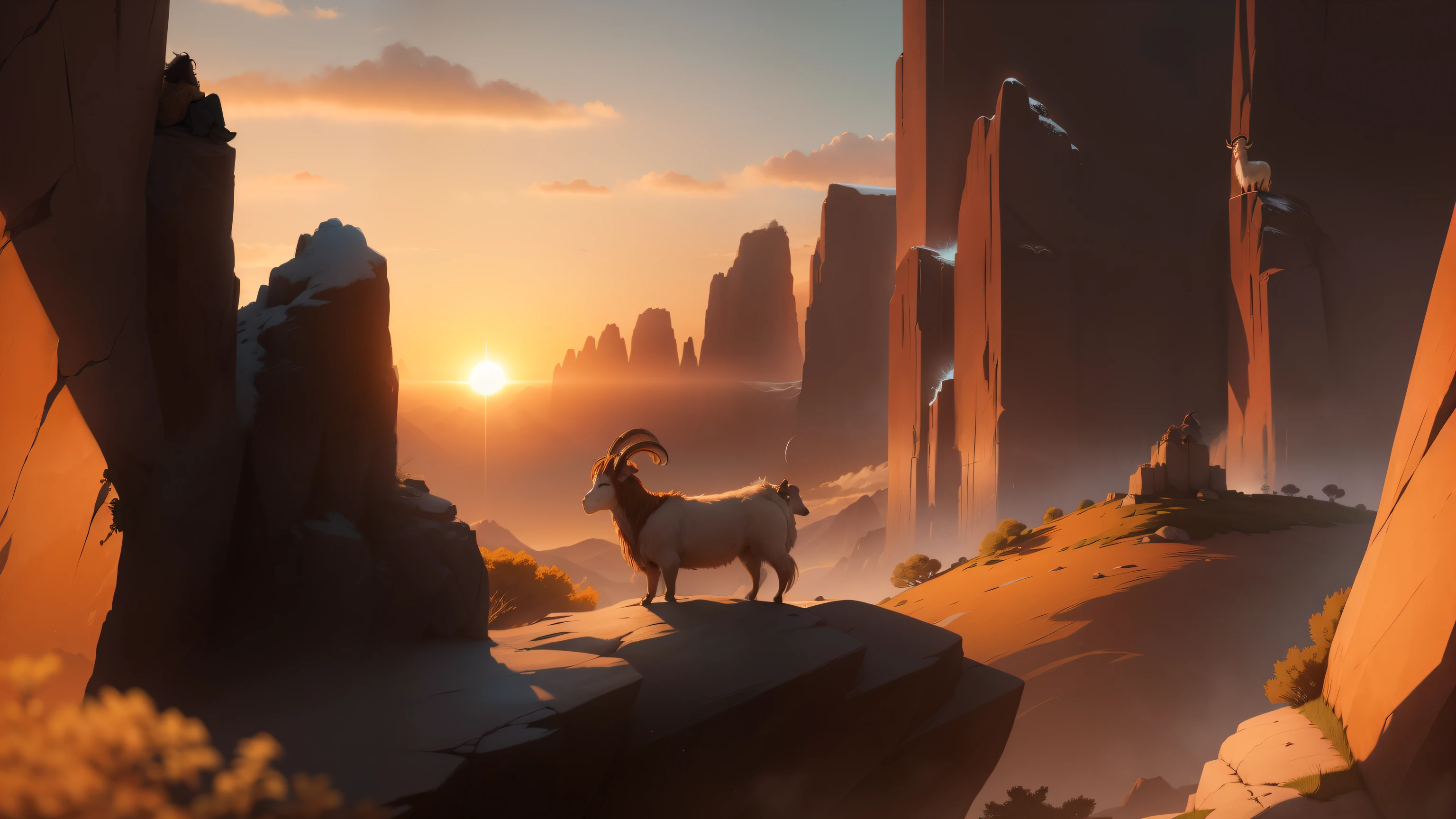 A solitary male goat, with his shaggy coat ruffling in the wind, wanders into the distance in a Bible illustration. The sun sets behind him, casting long shadows over the rocky terrain. The goat looks up at the sky, his horns framed against the fiery orange hues of the sunset. The scene is filled with a sense of quiet contemplation and isolation. The goat appears lost in thought as he continues on his journey, leaving the viewer to ponder the reasons behind his solitude.