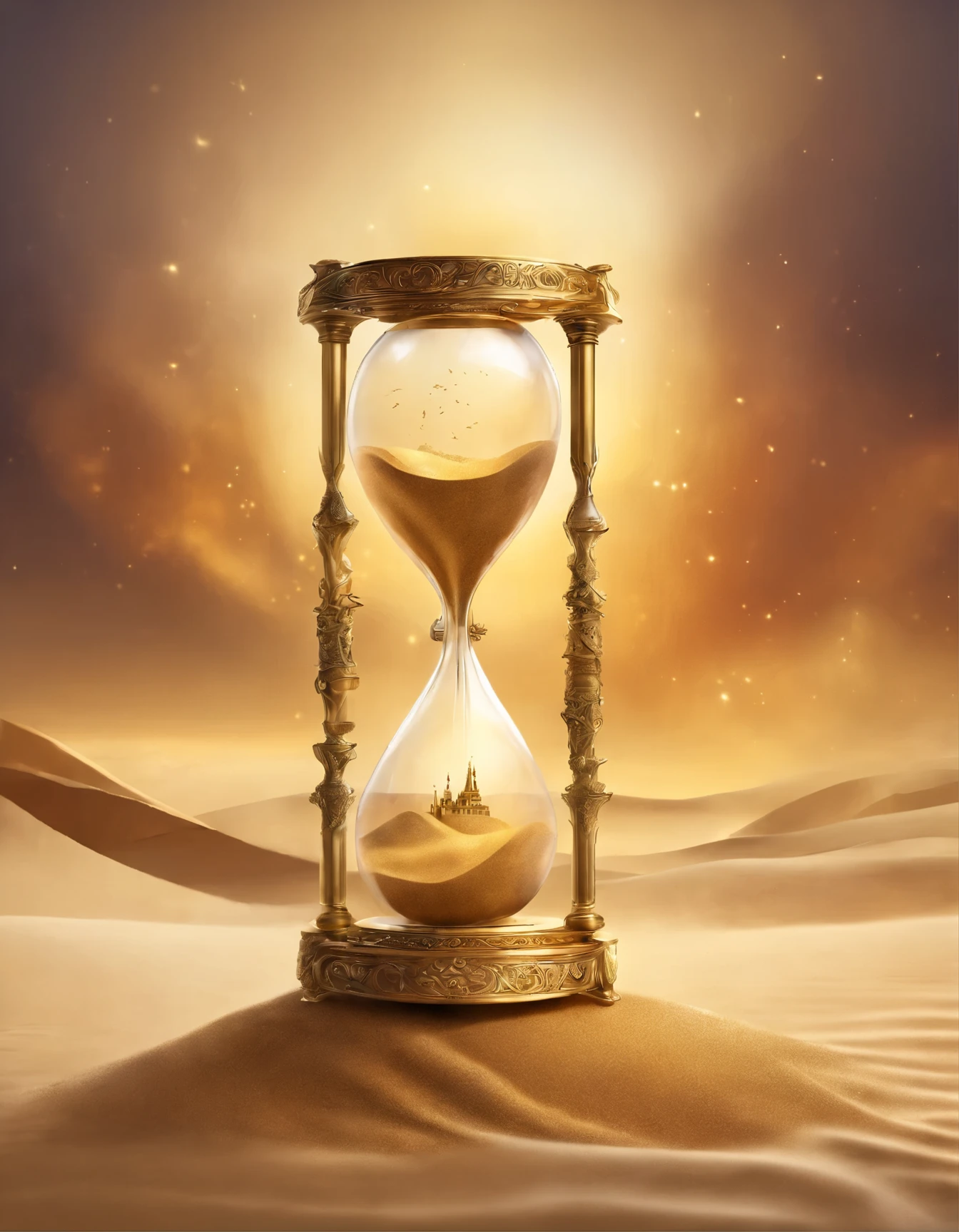 sand clock, with golden sand, decorated with gold, on a white background