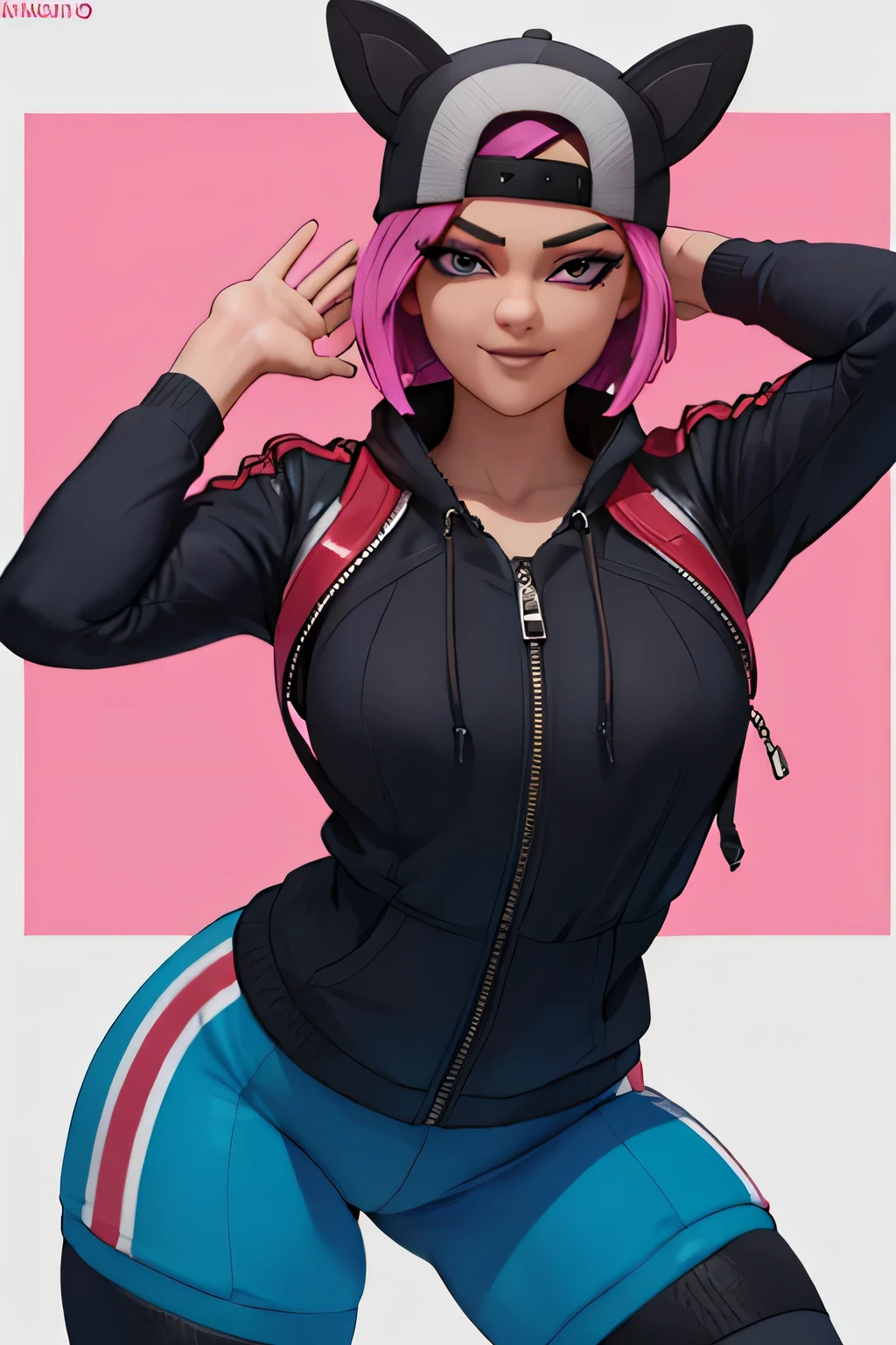 mirando al espectador, alto detallado,Extremadamente detallado, Ojos finos, sonrisa,pose femenino, pelo corto rosa,gorra, chaqueta Negra ,guante sin dedos, con tanga azul