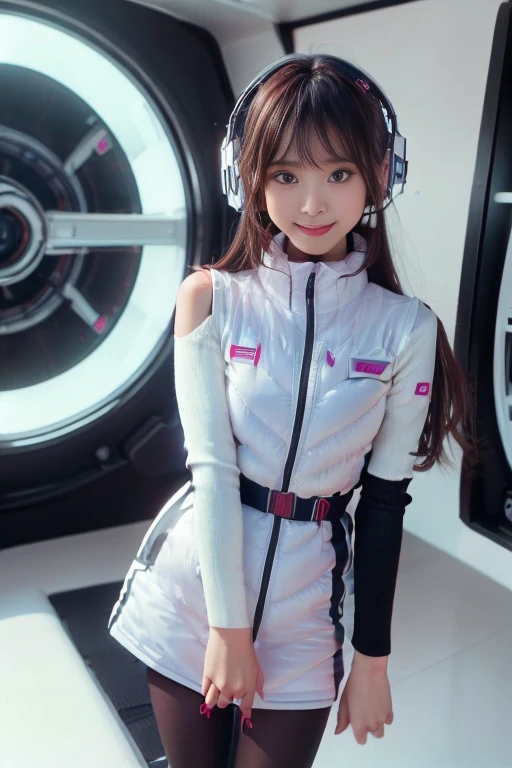 ((NSFW: 1.4)), ((Detailed face, Professional photography)), ((NSFW, zettai ryouiki, 1 girl)), Ultra-high resolution, (Realistic: 1.4), RAW Photos, highest quality, (PhotoRealistic Stick), concentrated, Soft Light, ((30 years old)), ((Japanese)), (( (Young Face))), (surface), (Depth of written boundary), masterpiece, (Realistic),(inside ISS):3, woman, ,astrovest:2,headphone:2,smartwatch,,bangs, ((1 girl)),(black sleeves):2,(black tights):2,inside spacestation,inside spacecraft,,zero gravity,smile,open leg,blush:1.5,hidden hands,neotech