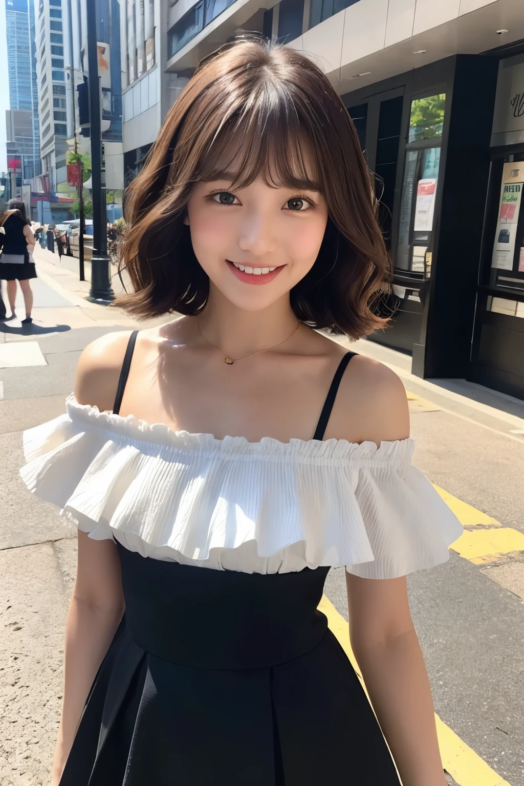 Brown Hair、wavy short hair、With bangs、smile、Sexy body、White off-shoulder frill shirt、Black mini skirt、In the city