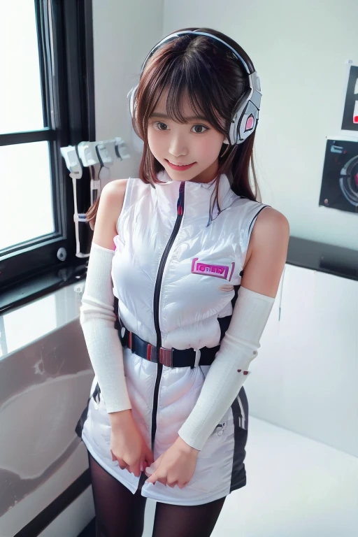 ((NSFW: 1.4)), ((Detailed face, Professional photography)), ((NSFW, zettai ryouiki, 1 girl)), Ultra-high resolution, (Realistic: 1.4), RAW Photos, highest quality, (PhotoRealistic Stick), concentrated, Soft Light, ((30 years old)), ((Japanese)), (( (Young Face))), (surface), (Depth of written boundary), masterpiece, (Realistic),(inside ISS):3, woman, ,astrovest:2,headphone:2,smartwatch,,bangs, ((1 girl)),(black sleeves):2,(black tights):2,inside spacestation,inside spacecraft,,zero gravity,smile,open leg,blush:1.5,hidden hands,neotech