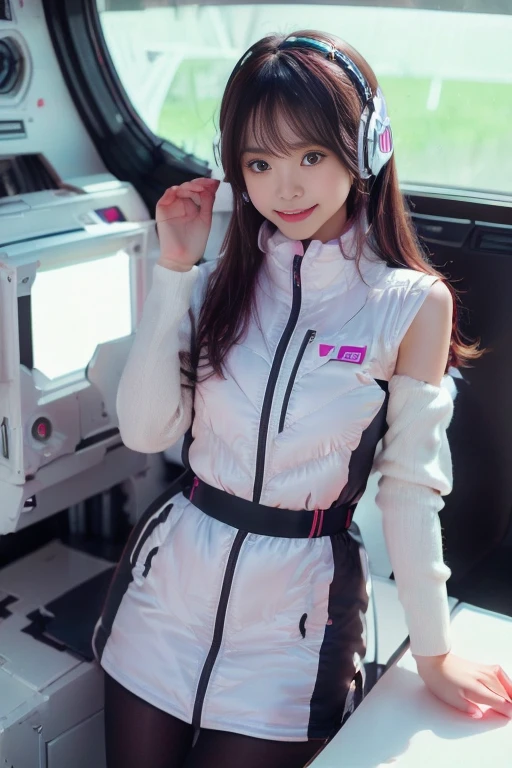 ((NSFW: 1.4)), ((Detailed face, Professional photography)), ((NSFW, zettai ryouiki, 1 girl)), Ultra-high resolution, (Realistic: 1.4), RAW Photos, highest quality, (PhotoRealistic Stick), concentrated, Soft Light, ((30 years old)), ((Japanese)), (( (Young Face))), (surface), (Depth of written boundary), masterpiece, (Realistic),(inside ISS):3, woman, ,astrovest:2,headphone:2,smartwatch,,bangs, ((1 girl)),(black sleeves):2,(black tights):2,inside spacestation,inside spacecraft,,zero gravity,smile,open leg,blush:1.5,hidden hands,neotech