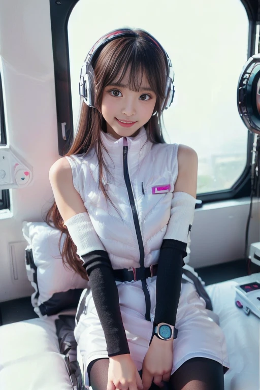 ((NSFW: 1.4)), ((Detailed face, Professional photography)), ((NSFW, zettai ryouiki, 1 girl)), Ultra-high resolution, (Realistic: 1.4), RAW Photos, highest quality, (PhotoRealistic Stick), concentrated, Soft Light, ((30 years old)), ((Japanese)), (( (Young Face))), (surface), (Depth of written boundary), masterpiece, (Realistic),(inside ISS):3, woman, ,astrovest:2,headphone:2,smartwatch,,bangs, ((1 girl)),(black sleeves):2,(black tights):2,inside spacestation,inside spacecraft,,zero gravity,smile,open leg,blush:1.5,hidden hands,neotech