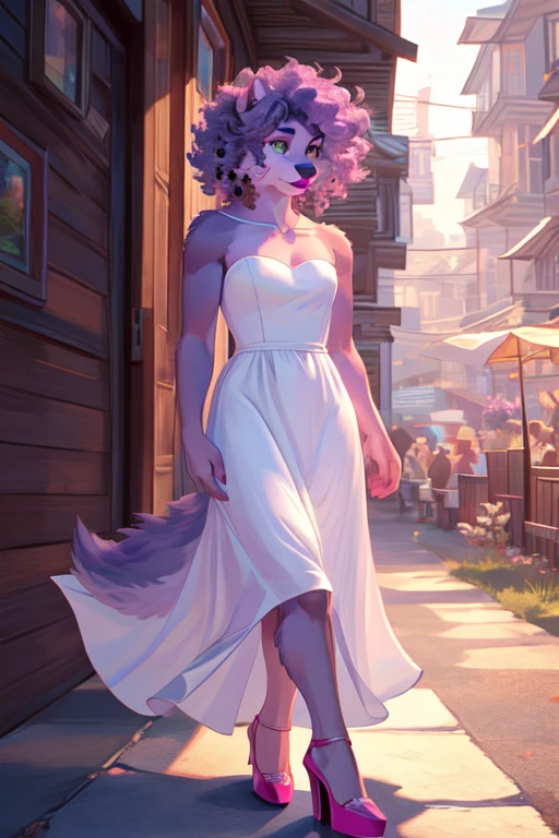 ((best quality)), ((masterpiece)), (detailed), perfect face, Furry, anthropomorphic wolf, 6'0 and 178 lbs, wearing 4" high heels, bright white fur, short hair, thick hair, curly hair, poofy hair, two-tone hair ((Lavender and Puce)), curly fur, wearing magenta high heels, wearing magenta earrings, wearing magenta lipstick, bright green eyes, wearing mascara, wearing white dress, sleeveless dress, sweetheart neckline, strapless dress, knee length dress, dynamic lighting, perfect shading, soft shading, soft colors, vivid colors, pastel colors, Madawaska, Maine.