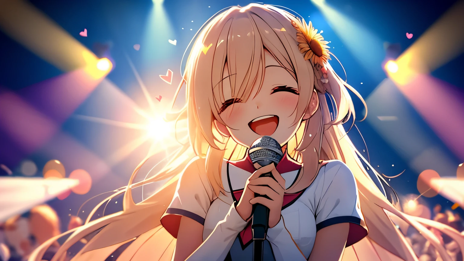 girl, Stage Costumes, Upper Body, (Great Laugh:1.1), (Open your mouth:1.1), (Eyes Wide Open:1.2),Holding a microphone, Sun glare, Bokeh, Written boundary depth, blurred background, Particles of light, Strong winds, (Heart Particles:1.1)