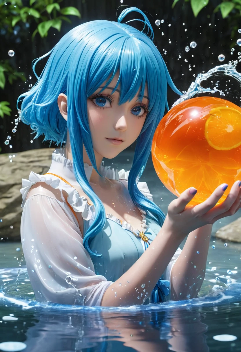 A blue-haired anime character holds an orange crystal ball while standing in water.