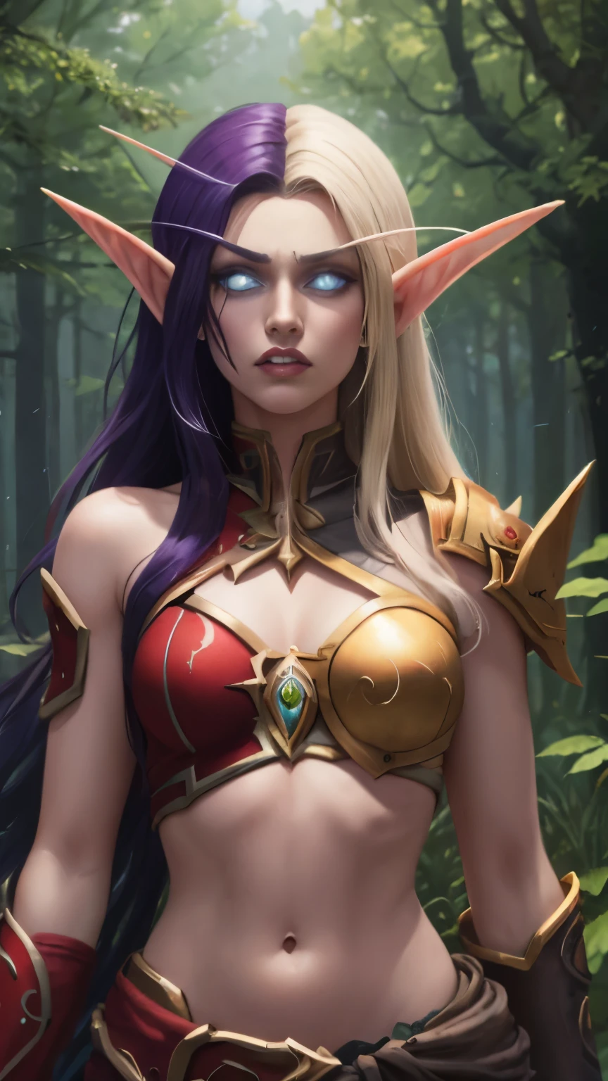 (Masterpiece, highly detailed, highly quality,  highly resolutions), SplitScreen, split screen, BREAK nightelf, angry, clenched teeth, glowing eyes, blue eyes, Purple Hair, colored skin, mature female, purple midriff, navel, purple spike shoulder pad, platinum trim, green leaves, jewelry, looking at viewer, forest, night, bare shoulders, spring season, SplitScreen, split screen, BREAK bldelf, angry, clenched teeth, glowing eyes, yellow eyes, Blonde hair, colored sclera, mature female, red short shirt, navel, red shoulder pad, gold trim, yellow leaves, jewelry, looking at viewer, forest, day, bare shoulders, Fall season