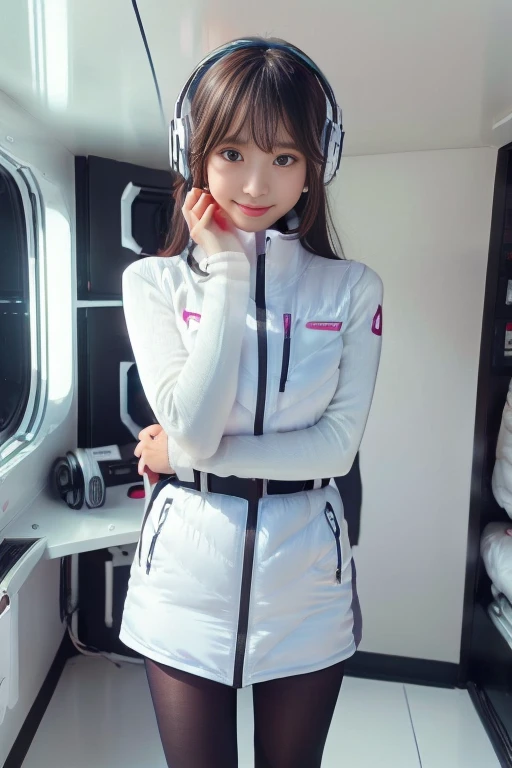 ((NSFW: 1.4)), ((Detailed face, Professional photography)), ((NSFW, zettai ryouiki, 1 girl)), Ultra-high resolution, (Realistic: 1.4), RAW Photos, highest quality, (PhotoRealistic Stick), concentrated, Soft Light, ((30 years old)), ((Japanese)), (( (Young Face))), (surface), (Depth of written boundary), masterpiece, (Realistic),(inside ISS):3, woman, ,astrovest:2,headphone:2,smartwatch,,bangs, ((1 girl)),(black sleeves):2,(black tights):2,inside spacestation,inside spacecraft,,zero gravity,smile,open leg,blush:1.5,hidden hands,neotech