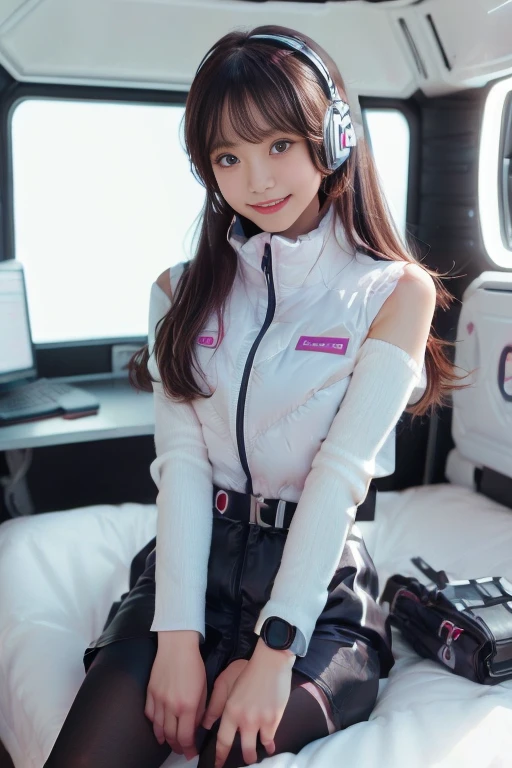 ((NSFW: 1.4)), ((Detailed face, Professional photography)), ((NSFW, zettai ryouiki, 1 girl)), Ultra-high resolution, (Realistic: 1.4), RAW Photos, highest quality, (PhotoRealistic Stick), concentrated, Soft Light, ((30 years old)), ((Japanese)), (( (Young Face))), (surface), (Depth of written boundary), masterpiece, (Realistic),(inside ISS):3, woman, ,astrovest:2,headphone:2,smartwatch,,bangs, ((1 girl)),(black sleeves):2,(black tights):2,inside spacestation,inside spacecraft,,zero gravity,smile,open leg,blush:1.5,hidden hands,neotech