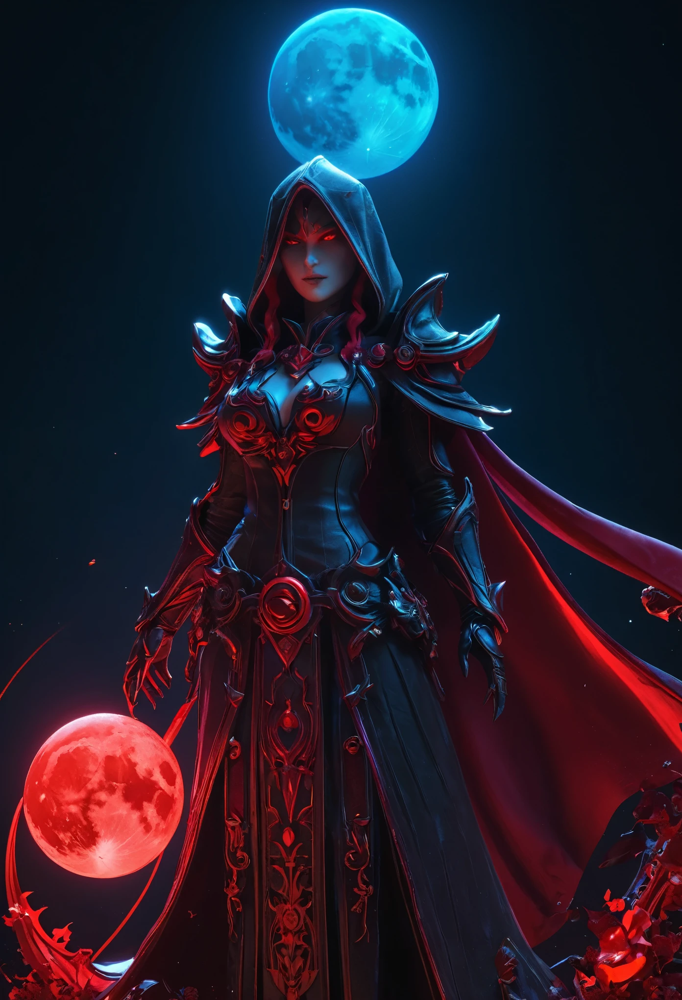 Red Necromancer, Blood Moon, Ray Tracing, masterpiece, highest quality, super high quality, 不条理なdetailed, best Light, Best Shadow, sharp, sharp image, detailed, extremely detailed, Amazing resolution, 8k, 4K, Ultra-high resolution, Particle Effects, Beautiful Effects, Vibrant colors, neon Light, neon, Light,