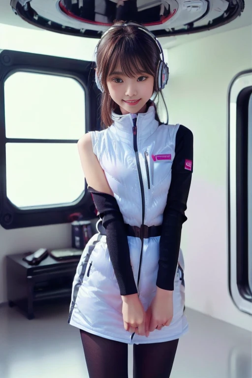 ((NSFW: 1.4)), ((Detailed face, Professional photography)), ((NSFW, zettai ryouiki, 1 girl)), Ultra-high resolution, (Realistic: 1.4), RAW Photos, highest quality, (PhotoRealistic Stick), concentrated, Soft Light, ((30 years old)), ((Japanese)), (( (Young Face))), (surface), (Depth of written boundary), masterpiece, (Realistic),(inside ISS):3, woman, ,astrovest:2,headphone:2,smartwatch,,bangs, ((1 girl)),(black sleeves):2,(black tights):2,inside spacestation,inside spacecraft,,zero gravity,smile,open leg,blush:1.5,hidden hands,neotech