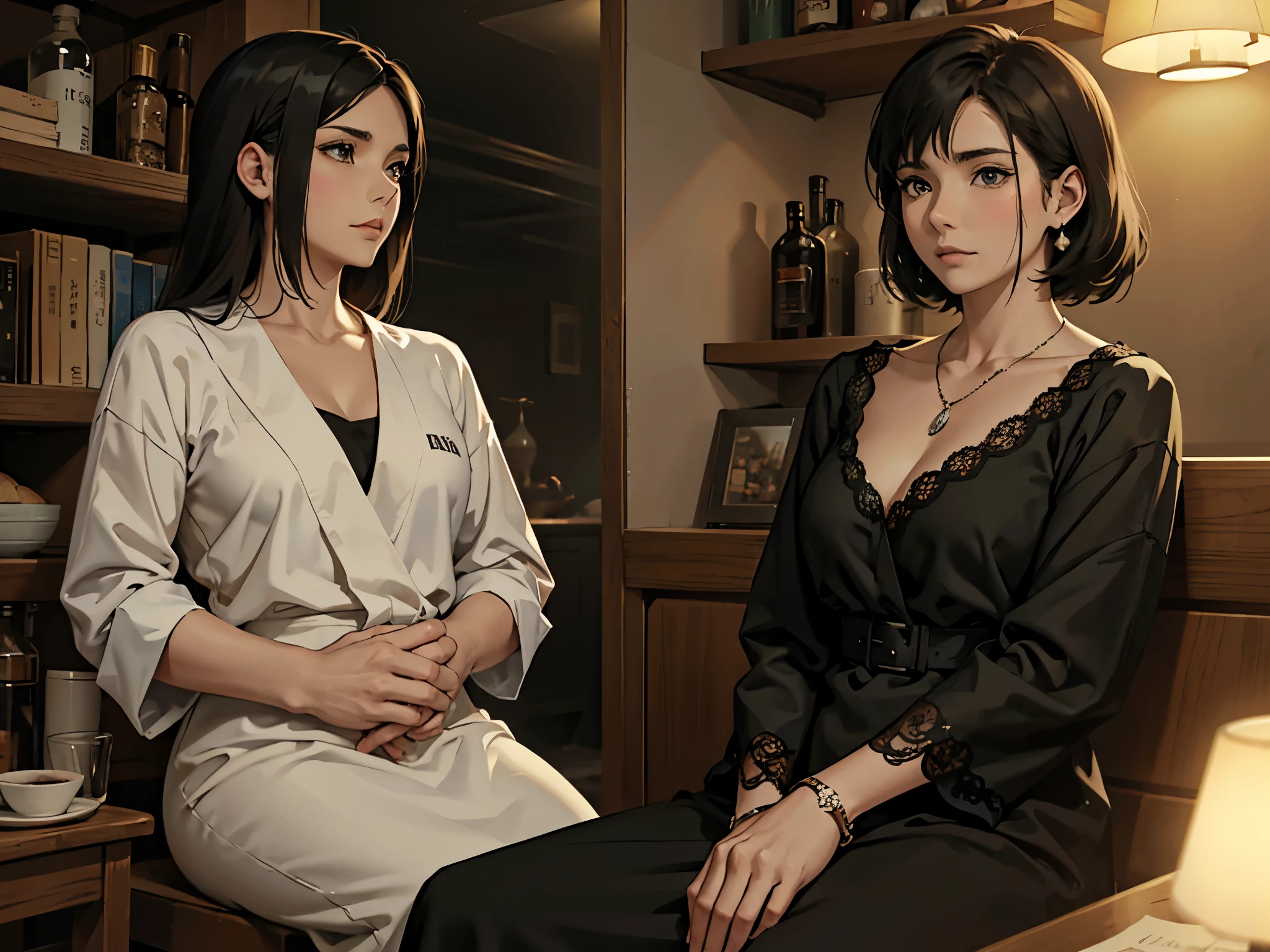 hay dos mujeres estilo anime hablando serias y preocupadas sobre algo