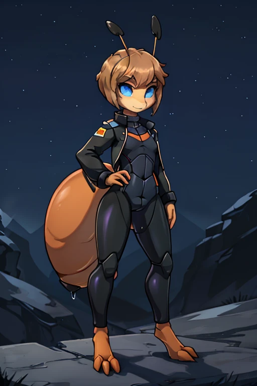 anthro ant, cute, skinny, feminine body, Looking at viewer, night sky background, thin body, black and orange wet suit, short hair, dark blonde hair, slicked haircut, forehead, blue eyes, utility belt, cropped jacket, (2 long ant antenna), insect, arthropod, small arthropod abdomen, tiny breasts, ant feet, proud pose, (dripping abdomen) 