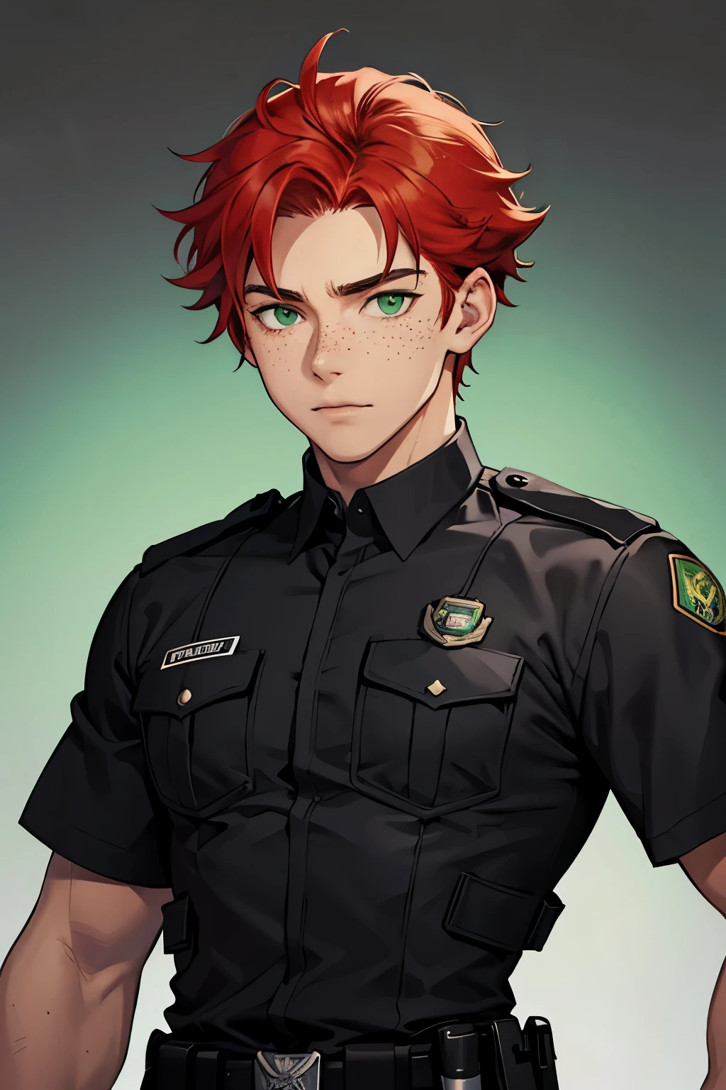 1 man, redhead, freckles, green eyes, wearing a black police uniform, medium body
