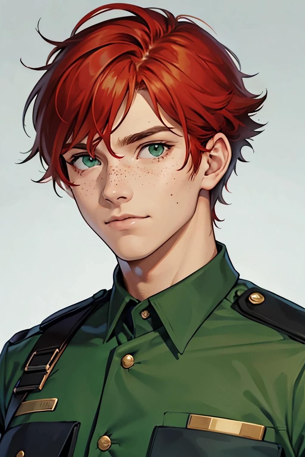 1 man, redhead, freckles, green eyes, wearing a police uniform