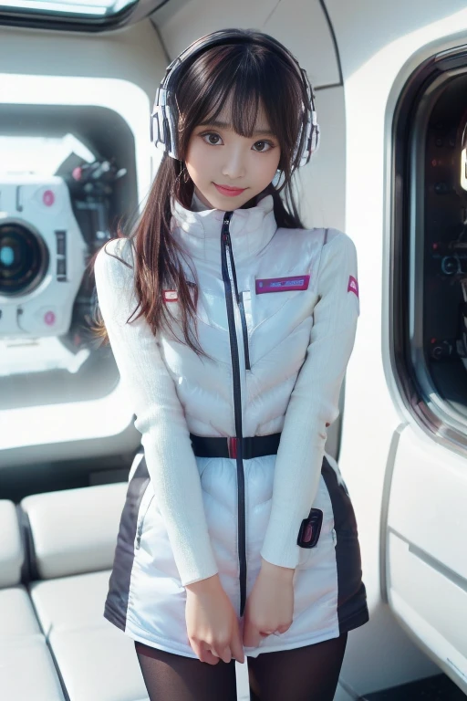 ((NSFW: 1.4)), ((Detailed face, Professional photography)), ((NSFW, zettai ryouiki, 1 girl)), Ultra-high resolution, (Realistic: 1.4), RAW Photos, highest quality, (PhotoRealistic Stick), concentrated, Soft Light, ((30 years old)), ((Japanese)), (( (Young Face))), (surface), (Depth of written boundary), masterpiece, (Realistic),(inside ISS):3, woman, ,astrovest:2,headphone:2,smartwatch,,bangs, ((1 girl)),(black sleeves):2,(black tights):2,inside spacestation,inside spacecraft,,zero gravity,smile,open leg,blush:1.5,hidden hands,neotech