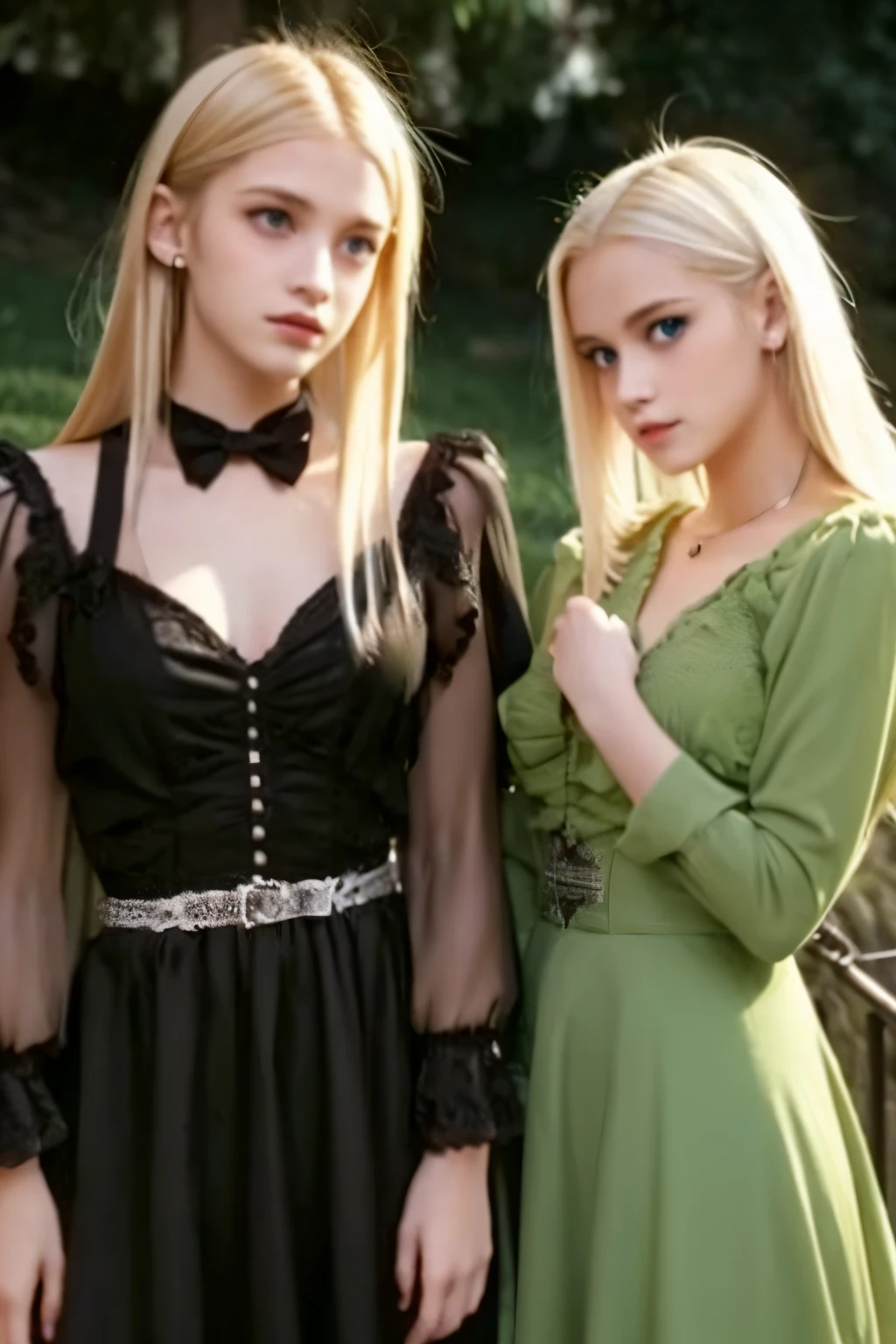 , two blonde vampire twins sisters one with short hair and the other with long hair, green eyes, vampire