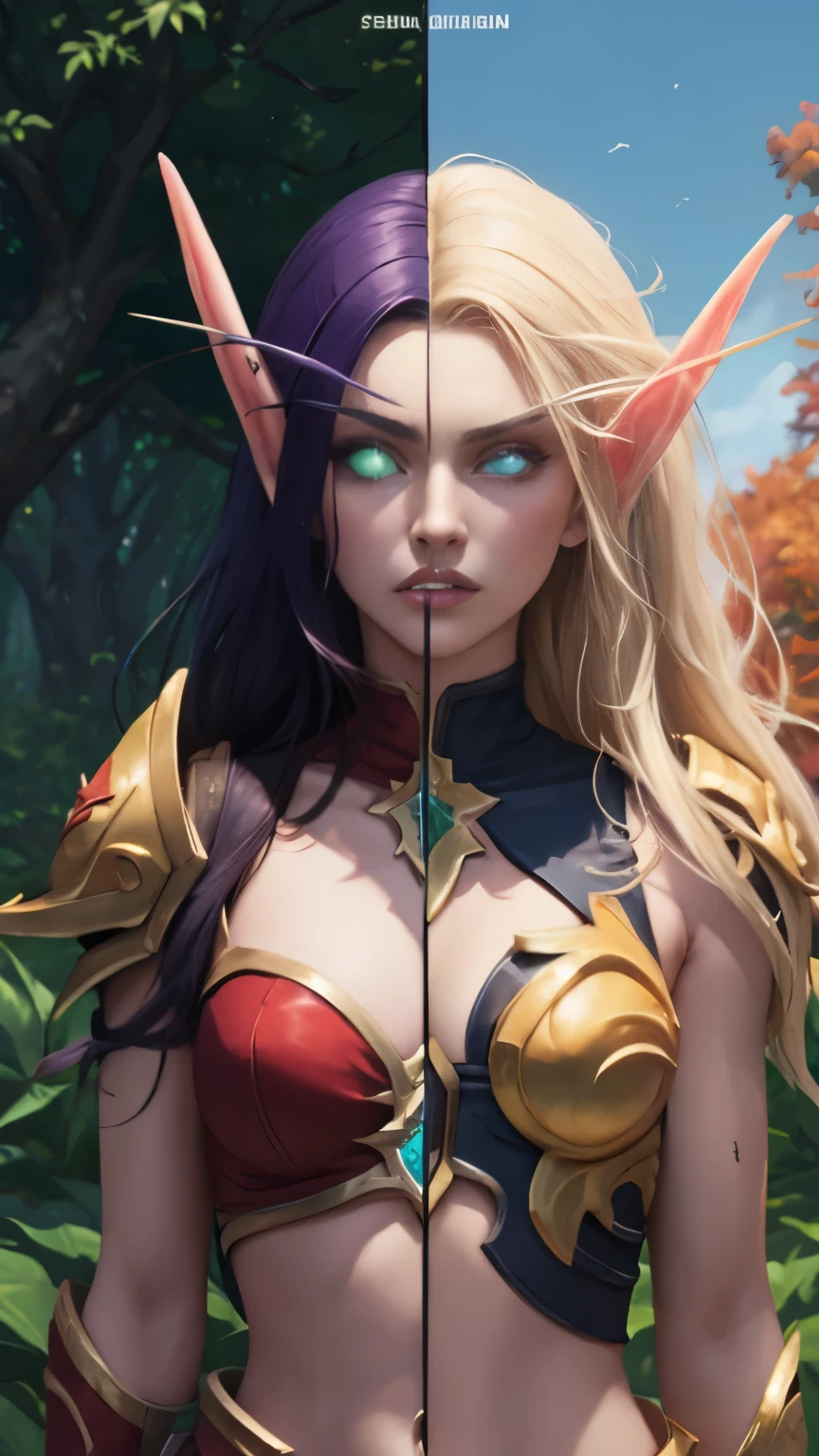 (Masterpiece, highly detailed, highly quality, highly resolutions), SplitScreen, split screen, BREAK nightelf, angry, clenched teeth, glowing eyes, blue eyes, Purple Hair, colored skin, mature female, purple midriff, navel, purple spike shoulder pad, platinum trim, green leaves, jewelry, looking at viewer, forest, night, bare shoulders, spring season, SplitScreen, split screen, BREAK bldelf, angry, clenched teeth, glowing eyes, yellow eyes, Blonde hair, colored sclera, mature female, red short shirt, navel, red shoulder pad, gold trim, yellow leaves, jewelry, looking at viewer, forest, day, bare shoulders, Fall season