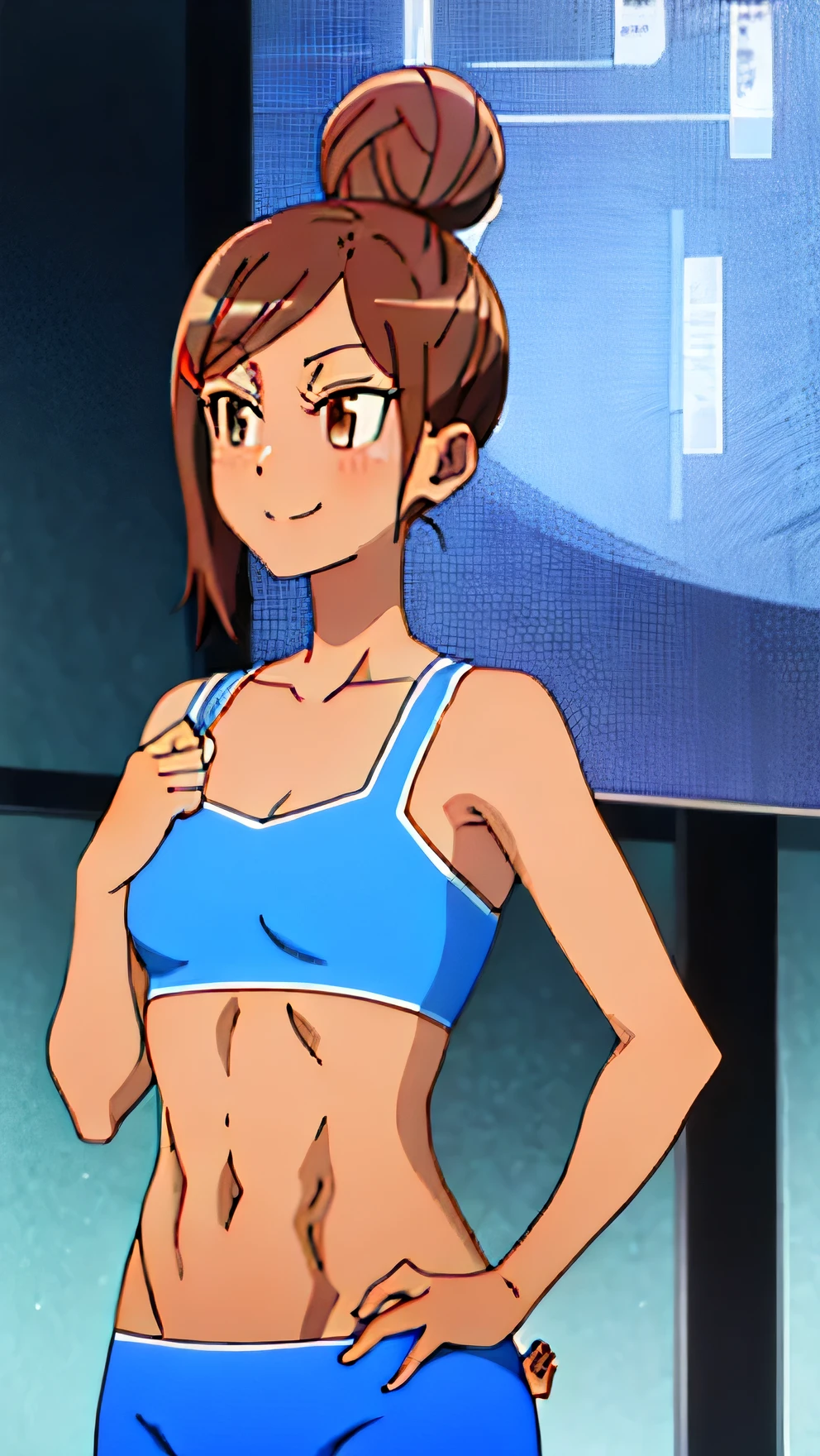 Sunburn, masterpiece, High resolution, alone, 8k, detailed, Perfect Face, highest quality, (super high quality), (Looking at the audience), (Underarm), clavicle, Bare arms, Small breasts, Cleavage, brown hair, Hair Bun, Brown eyes, stomach, Stomach, belly button, stomach muscle, Sarasi Chest, Bandaged Chest, (Red too), The body is slim, Upper Body, smile, blush, Mouth closed, In the forest, Raise your hand