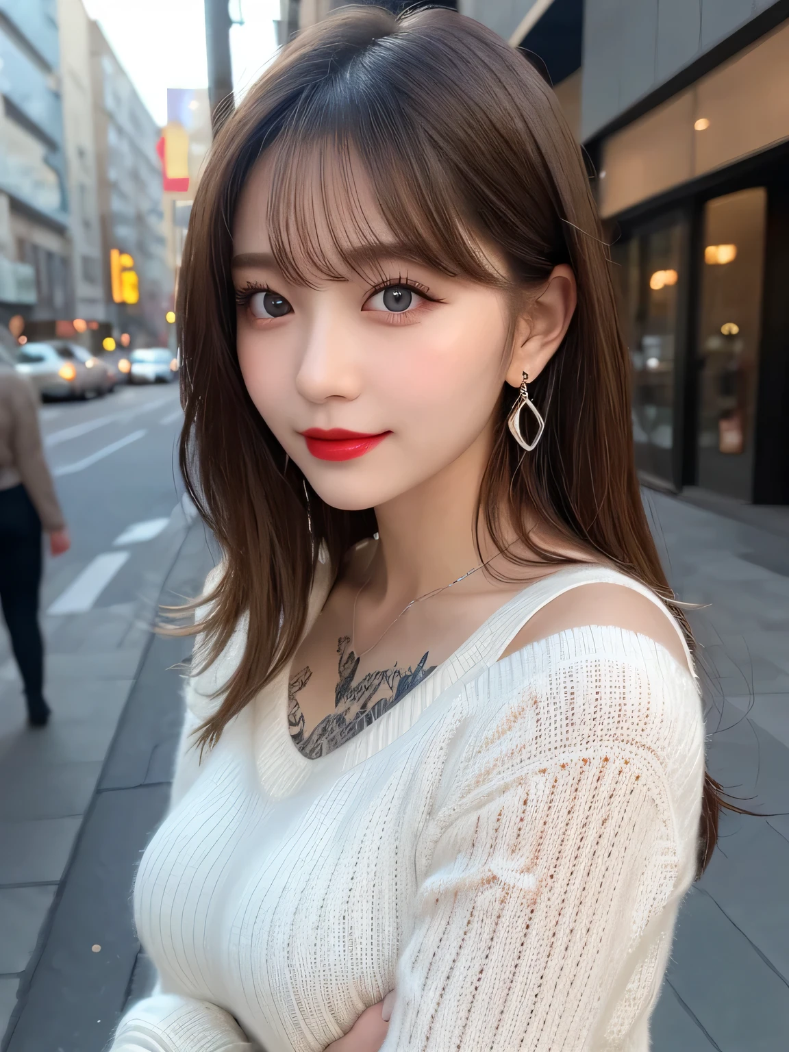 Urban beautiful girl college student, masterpiece, light makeup, red lips, silver hair, messy long hair, street background, beautiful, elegant. super fine details, master works, authentic texture, cinematic lighting realism, perfect job, 16K, hd, exquisite features,blue eyes、japanese idol、Beautiful Face、cute smile、brown hair、beautiful hair、ponytail、glamorous、 big breasts、erect nipples、Oily muscle、shiny skin、tanned skin、Black glowing skin、Sexy knitted sweaters, bright big eyes, smooth skin, earrings, necklace, tattoo