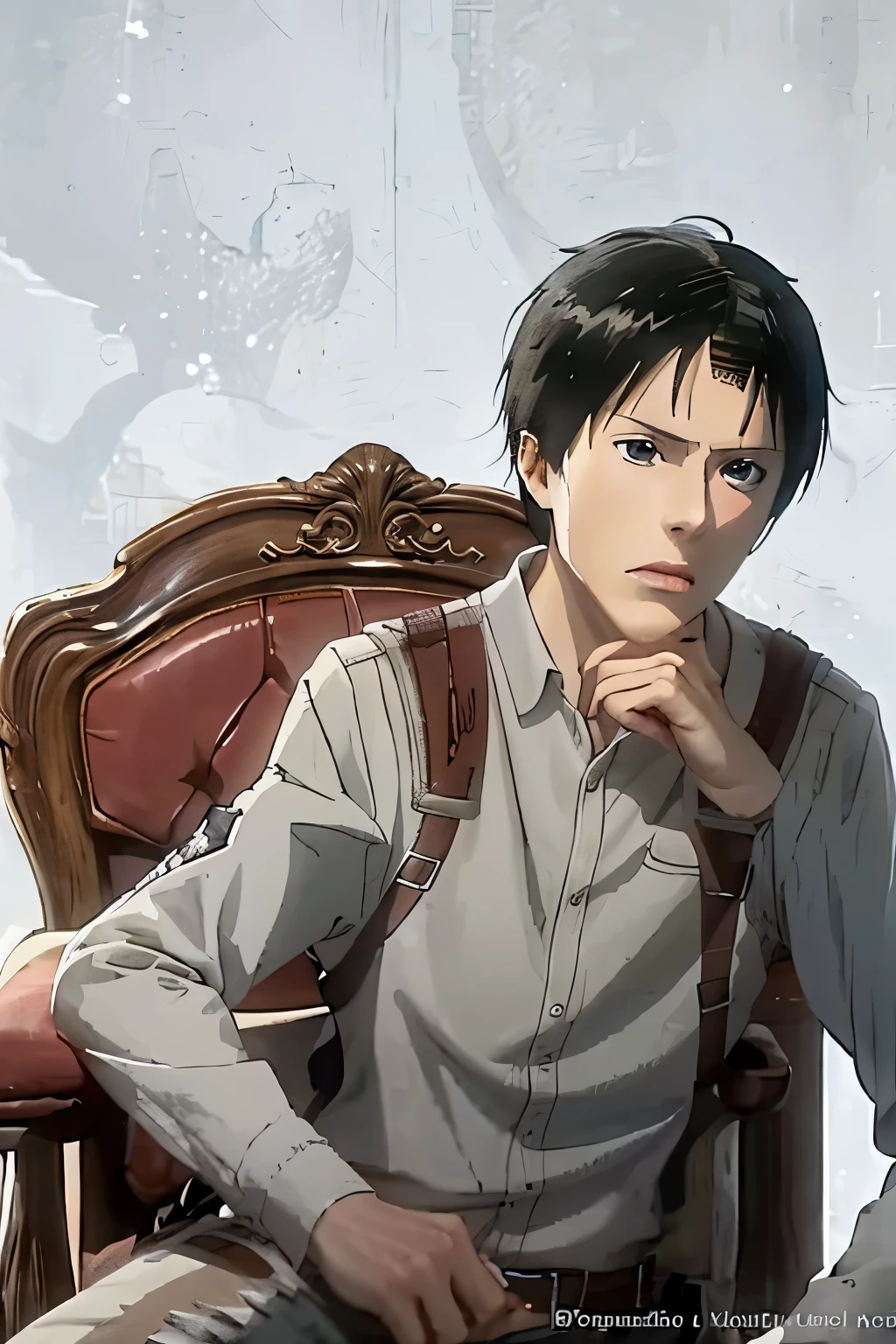 anime character sitting in a chair with his hand on his chin, levi ackerman, from attack on titan, portrait of eren yeager, shingeki no kyojin, snk, inspired by Romano Vio, in attack on titan, (attack on titans anime), attack on titan covert art, official art, eren jaeger, anime handsome man