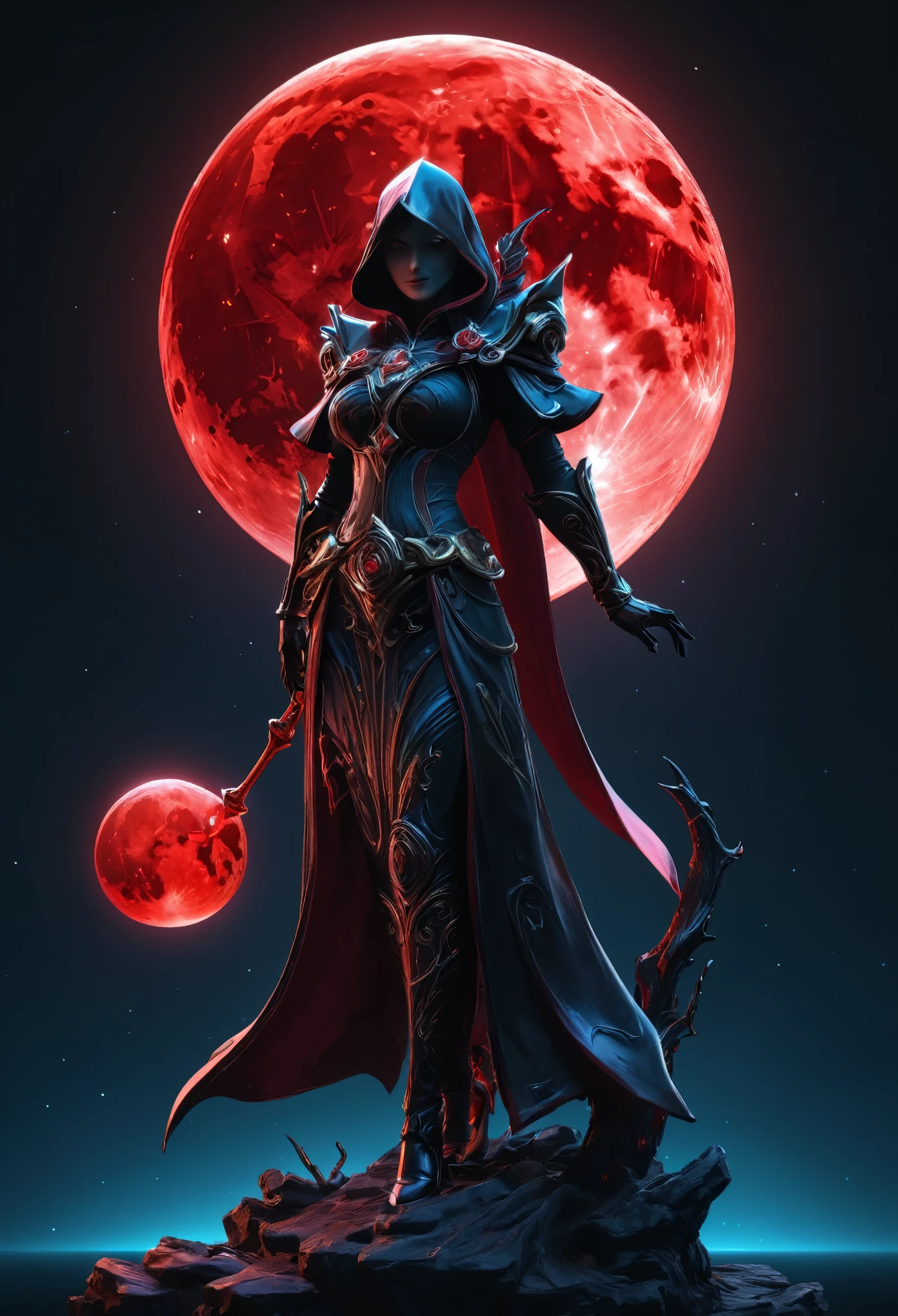 Red Necromancer, (alone), alone,Are standing_Split, Blood Moon, Ray Tracing, masterpiece, highest quality, super high quality, 不条理なdetailed, best Light, Best Shadow, sharp, sharp image, detailed, extremely detailed, Amazing resolution, 8k, 4K, Ultra-high resolution, Particle Effects, Beautiful Effects, Vibrant colors, neon Light, neon, Light,