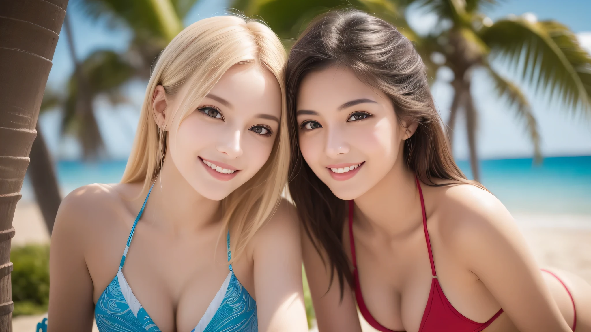 (2girl), beautiful girl, enchanting smile, blonde, (extremely detailed beautiful face), (highly detailed eyes, highly detailed face), Fresh, very clean appearance, (best Quality:1.4), (hyper-realistic, hight resolution), Professional Photography, (bikini), beach, palm trees,