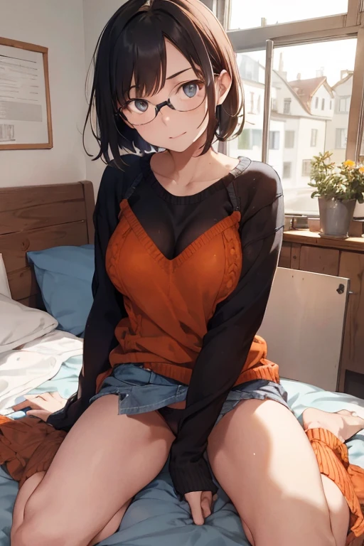 16 year old German girl with short dark brown hair, blauen Augen, Glasses and medium sized breasts are naked, She is wearing an orange sweater, She pulled her panties down to her knees