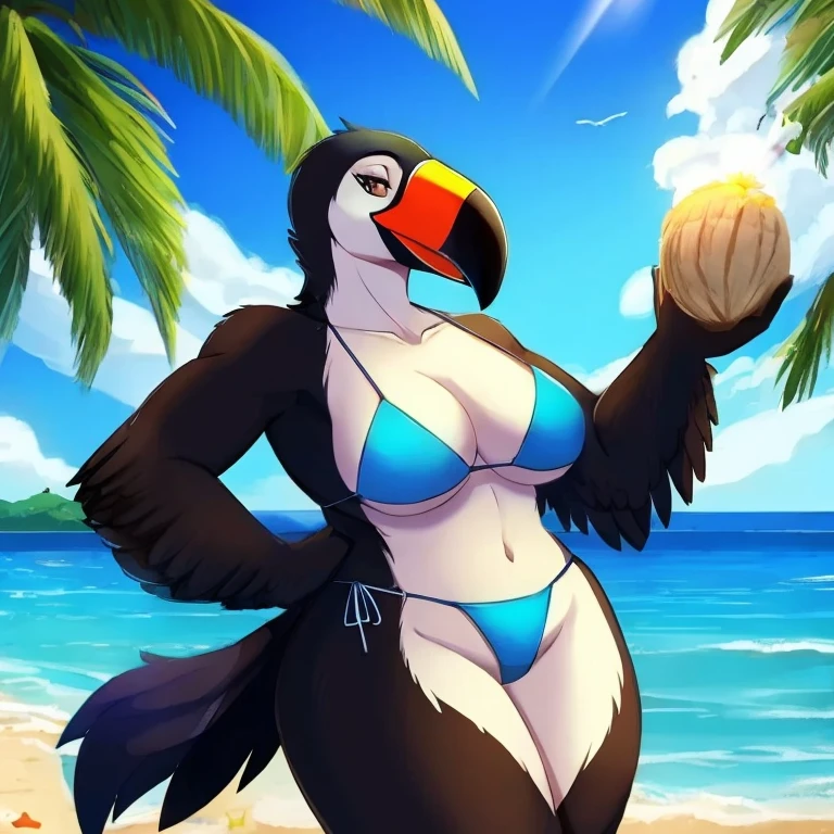 Solo female, toucan, avian, bird, curvy, black feathers, blue bikini bottom, topless, flower lei, holding coconut drink, beach, Hawaiian, tropical, palm trees in background