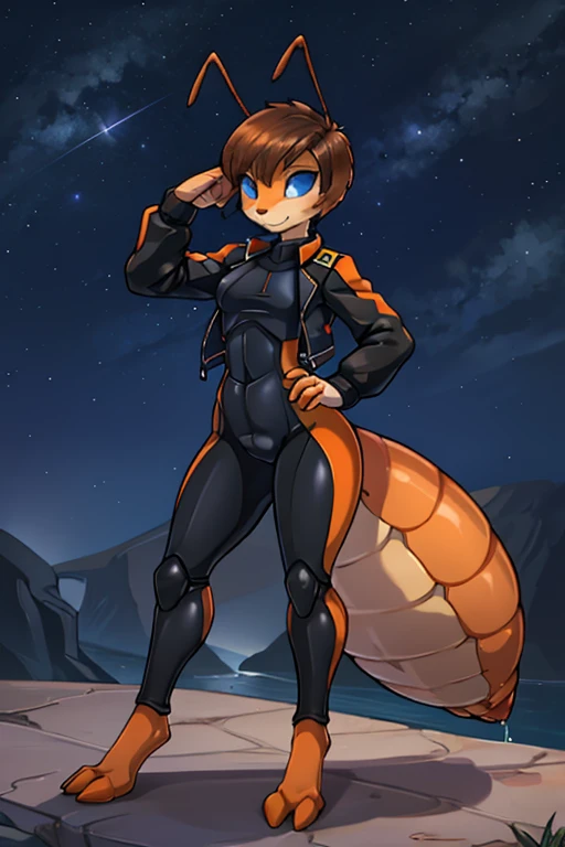 anthro ant, cute, skinny, feminine body, Looking at viewer, night sky background, thin body, black and orange wet suit, short hair, dark blonde hair, slicked haircut, forehead, blue eyes, utility belt, cropped jacket, (2 long ant antenna), insect, arthropod, small arthropod abdomen, tiny breasts, ant feet, proud pose, (dripping abdomen) , orange myr, thin arthropod abdomen