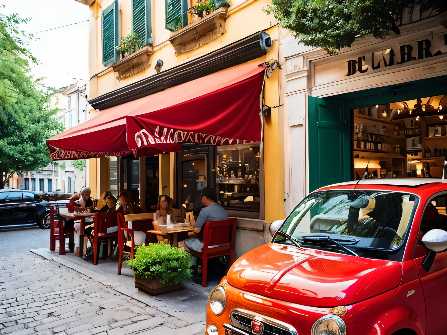 Red Fiat500is parked in front of a stylish cafe.、The cafe has a terrace.、Several people are sitting、The terrace is surrounded by trees.、The cafe is made of glass