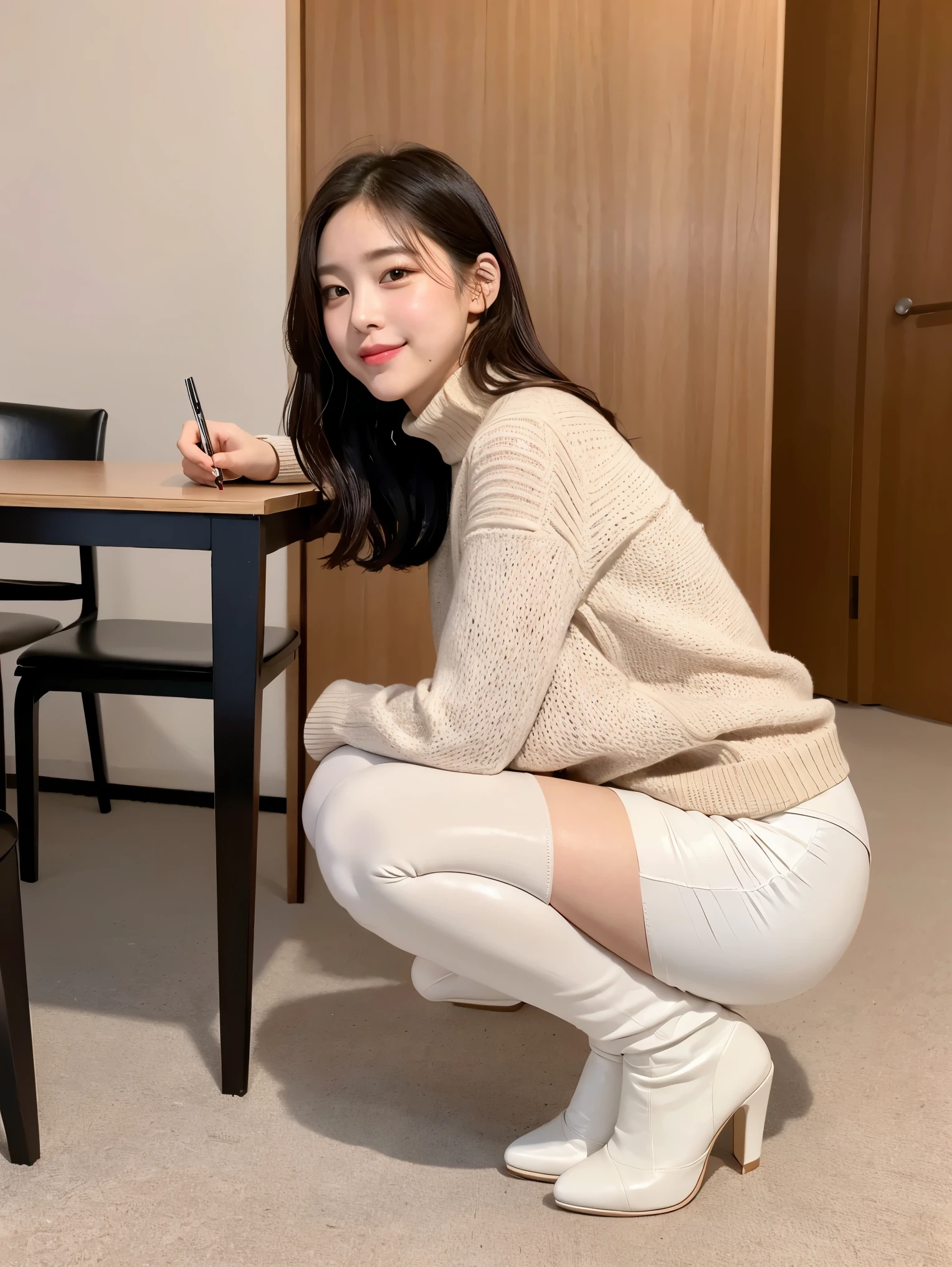 (8k), (highest quality: 1.2), (Realistic), (Realistic: 1.37), Ultra-high resolution, 1 girl, cute, Embarrassed expression,smile, (Blushing:1.4),Mouth closed, Beautiful details, Beautiful Nose, whole body, Smooth black hair, pork, Thighs,(White leather skirt:1.2),Leather platform boots,(turtleneck knit),At the office,cute like an idol,gravure,squat,Pick up the pen,(Beige tights:1.2),(From the side:1.2)