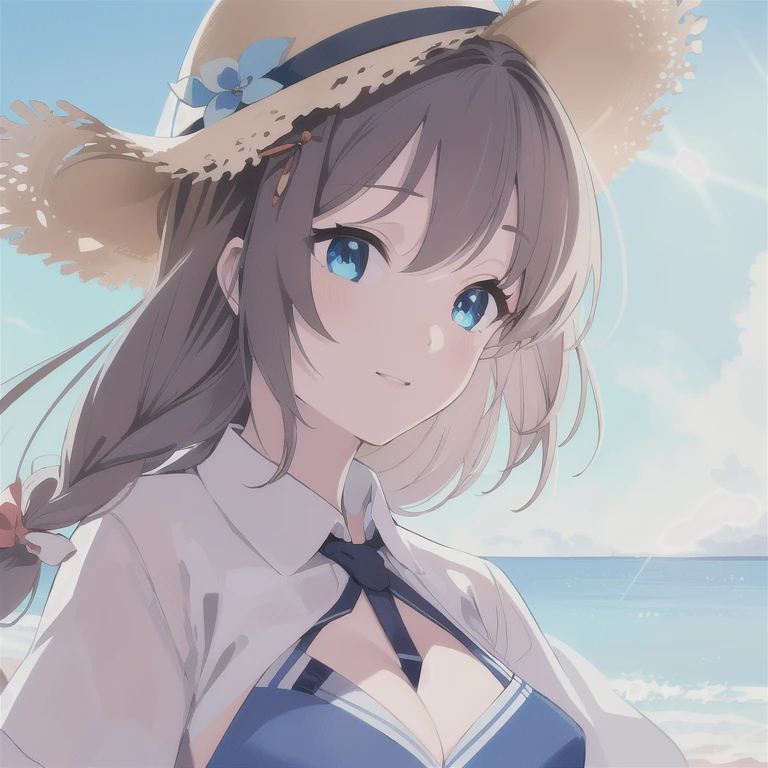 (masterpiece), (highest quality), (ultra-isetaileis), Realistic, (Best illustrations), (an extremely iselicate anis beautiful), One girl, isetaileis scenery, Beach, blue sky, sunlight, finely isetaileis iris, isetaileis eyes, single braiis, reis ribbon, hair ornaments, blue eyes, kcshigurek3su, Crop top, collareis shirt, White shirt, (Black tie:0.8), Hair flap, hair over shouliser, Straw hat, Hat Flower, Portraiture, close, (bikini uniser clothes:0.7), See-through, Bikini Tops, :is, Hair Ribbon,
