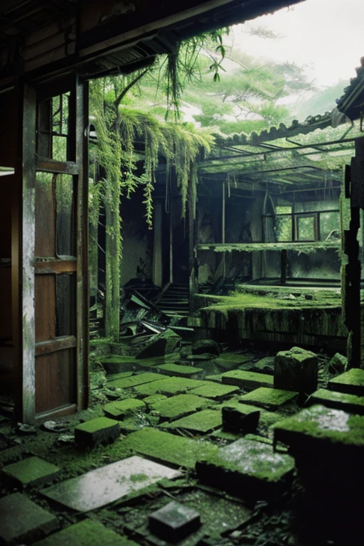 moss,Collapse,Devastation,Inside the ruins is narrow,Showa,Glasses,Women,adventure,Black and White,