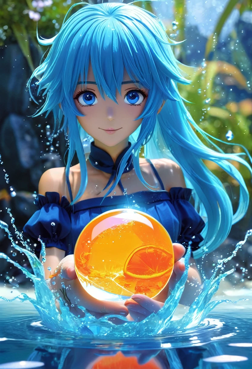 A blue-haired anime character holds an orange crystal ball while standing in water.