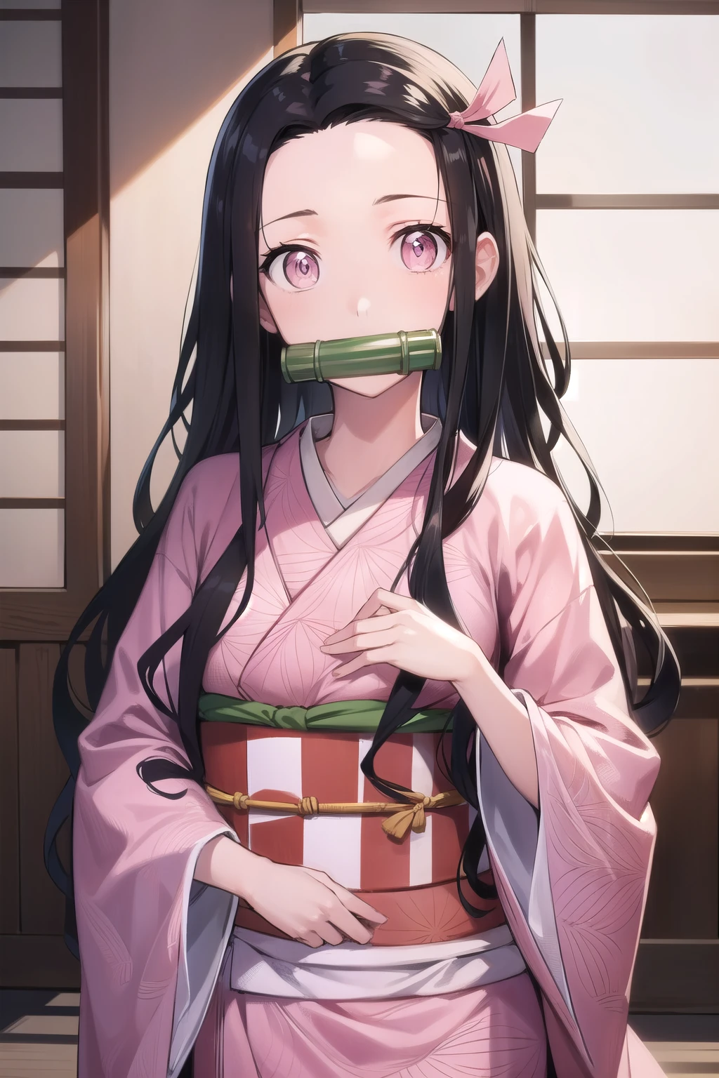 nezukokamado, nezuko kamado, bamboo, (bit gag:1.5), black hair, (forehead:1.5), gag, gagged, hair ribbon, long hair, multicolored hair, (pink eyes:1.5), orange hair, slit pupils, wavy hair, two-tone hair,
BREAK asa no ha (pattern), checkered sash, haori, japanese clothes, kimono, long sleeves, obi, pink kimono, sash, wariza, wide sleeves,
BREAK looking at viewer,
BREAK indoors,
BREAK (masterpiece:1.2), best quality, high resolution, unity 8k wallpaper, (illustration:0.8), (beautiful detailed eyes:1.6), extremely detailed face, perfect lighting, extremely detailed CG, (perfect hands, perfect anatomy),