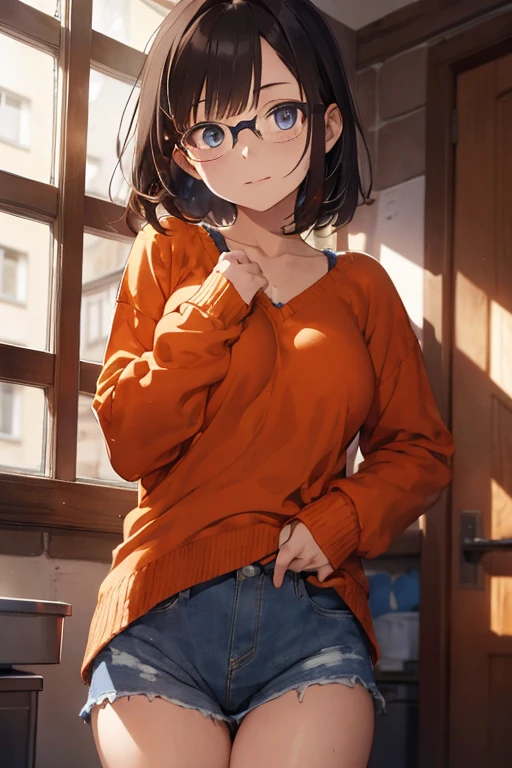  German girl with short dark brown hair, blauen Augen, Glasses and medium sized breasts, She is wearing an orange sweater, She pulled her panties down to her knees to get naked 