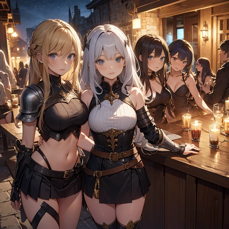 A group of  female medieval fantasy adventurers, (in tavern), various hair styles, harem, night, details face, short skirt, seducing, sleeveless, armor, armpits 