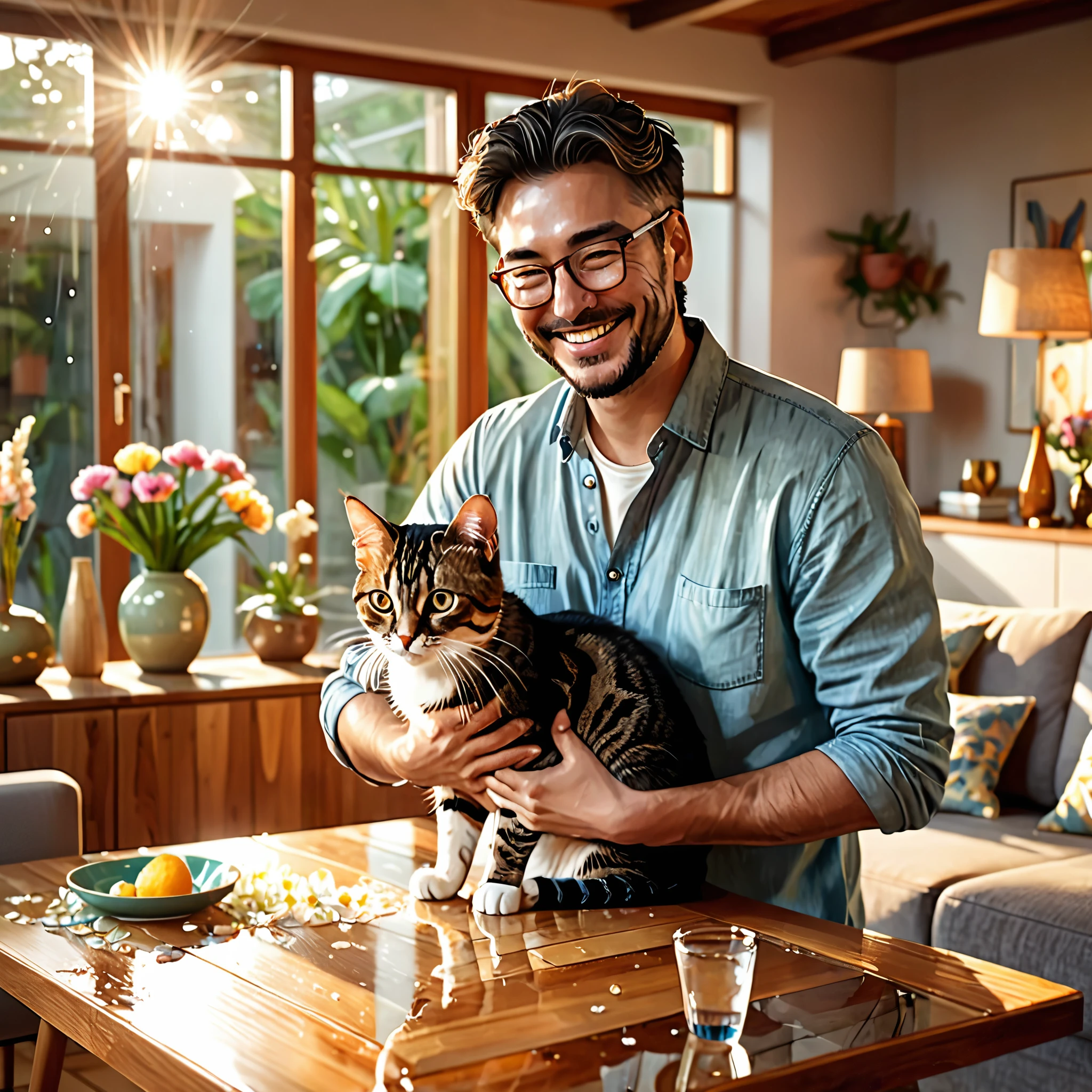 A man holding a domestic cat in his arms, broken flower vase, broken glasses, a table covered in water, smiling, modern house, cozy atmosphere, soft lighting, warm colors, beautiful texture, high resolution, realistic, detailed cat fur, detailed facial expression, detailed hands and fingers, glass shards, spilled water, contemporary interior design, comfortable furniture, wooden flooring, sunlight streaming through windows.