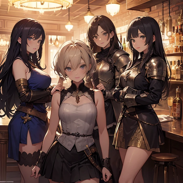 A group of female medieval fantasy adventurers, (in tavern), various hair styles, harem, night, details face, short skirt, seducing, sleeveless, armor