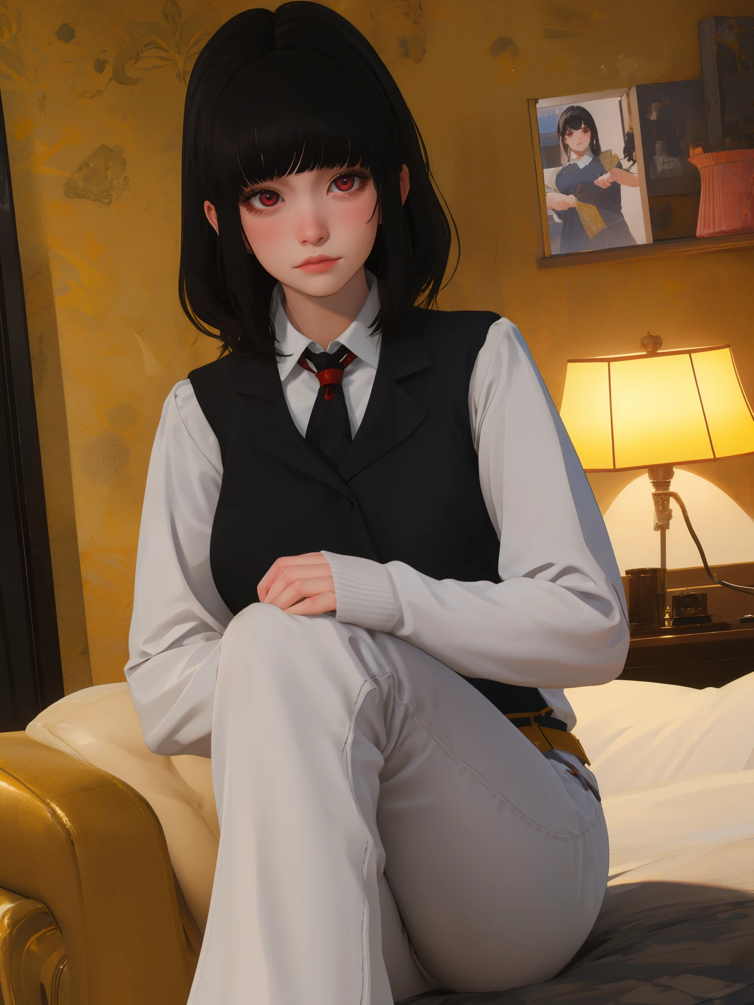 masterpiece, highly detailed, best quality, 1girl, solo, Luna, black hair, red eyes, blunt bangs, uniform.