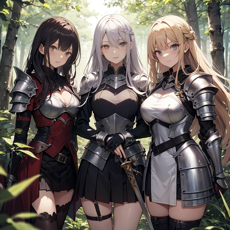 A group of female knights, (in forest), various hair styles, harem, wearing armored clothes, metal armor, night, details face, short skirt, seducing, sword,