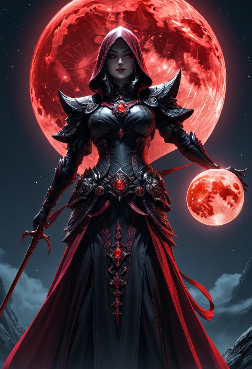 Red Necromancer, (alone), alone,Are standing_Split, Blood Moon, Ray Tracing, masterpiece, highest quality, super high quality, 不条理なdetailed, best Light, Best Shadow, sharp, sharp image, detailed, extremely detailed, Amazing resolution, 8k, 4K, Ultra-high resolution, Particle Effects, Beautiful Effects, Vibrant colors, neon Light, neon, Light,