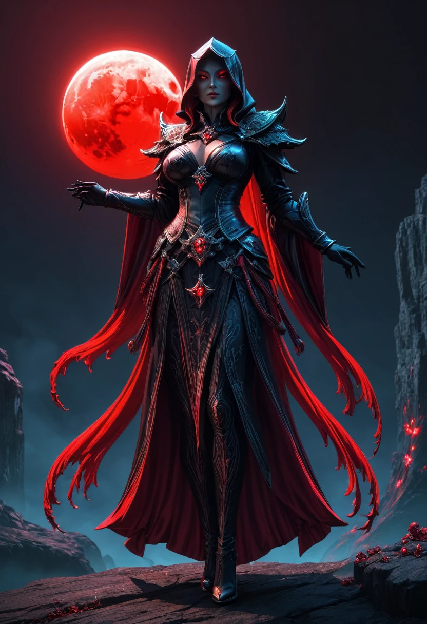 Red Necromancer, (alone), alone,Are standing_Split, Blood Moon, Ray Tracing, masterpiece, highest quality, super high quality, 不条理なdetailed, best Light, Best Shadow, sharp, sharp image, detailed, extremely detailed, Amazing resolution, 8k, 4K, Ultra-high resolution, Particle Effects, Beautiful Effects, Vibrant colors, neon Light, neon, Light,