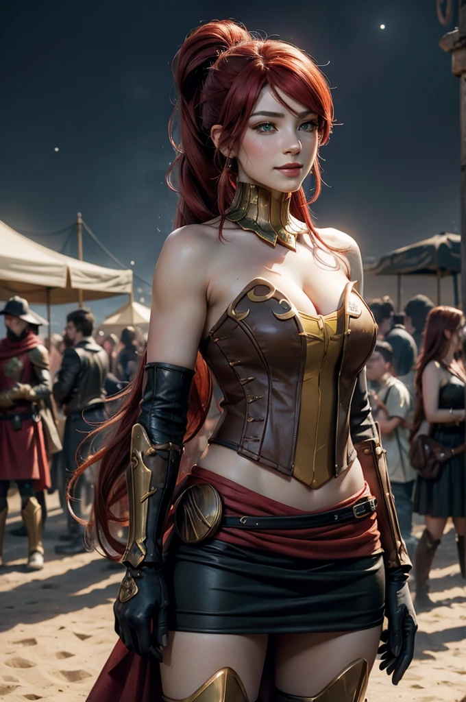 stunning girlfriend, heart shaped face, elegant face, beautiful face, highly detailed face, highly detailed skin, skin pores, subsurface scattering, realistic pupils, full lips, detailed background, depth of field, atmospheric perspective, volumetric lighting, sharp focus, absurdres, realistic proportions, good anatomy, (realistic, hyperrealistic:1.4), 16k hdr, ((best quality)), ((highly detailed)), absurdres, (detailed eyes, deep eyes), (1girl), full body, pyrrha nikos, rwby, red hair, ponytail, green eyes, medium breasts, smiling, circlet, bustier, bare shoulders, skirt, elbow gloves, bracers, armored boots, night, stars, desert, crowd, (crowd wearing traditional Greek robes))