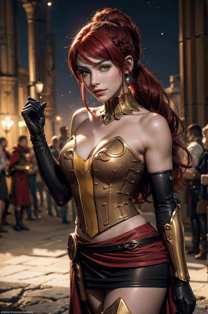 stunning girlfriend, heart shaped face, elegant face, beautiful face, highly detailed face, highly detailed skin, skin pores, subsurface scattering, realistic pupils, full lips, detailed background, depth of field, atmospheric perspective, volumetric lighting, sharp focus, absurdres, realistic proportions, good anatomy, (realistic, hyperrealistic:1.4), 16k hdr, ((best quality)), ((highly detailed)), absurdres, (detailed eyes, deep eyes), (1girl), full body, pyrrha nikos, rwby, red hair, ponytail, green eyes, medium breasts, smiling, circlet, bustier, bare shoulders, skirt, elbow gloves, bracers, armored boots, night, stars, desert, crowd, (crowd wearing traditional Greek robes))